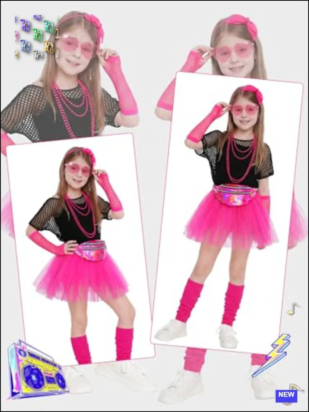 Girls 80s Costume Set Cotton Fishnet Tutu Skirt Leg Warmers